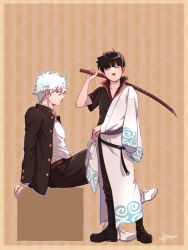 Rule 34 | 2boys, :d, aya shiro423, belt, black footwear, black hair, box, brown background, brown belt, cosplay, costume switch, full body, gakuran, gintama, holding, holding sword, holding weapon, japanese clothes, kageyama shigeo, kageyama shigeo (cosplay), kimono, male focus, mob psycho 100, mouth hold, multiple boys, open mouth, sakata gintoki, sakata gintoki (cosplay), school uniform, short hair, short sleeves, simple background, sitting, smile, standing, striped, sword, vertical stripes, weapon, white footwear, white hair