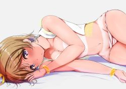 Rule 34 | 10s, 1girl, ankoiri, areola slip, bangle, bikini, bikini bottom only, bikini pull, bracelet, breasts, brown hair, cleavage, clothes pull, collarbone, commentary request, grey background, groin, hair ribbon, highres, jewelry, koizumi hanayo, looking at viewer, love live!, love live! school idol project, lying, medium breasts, natsuiro egao de 1 2 jump!, navel, nipples, on side, partially undressed, purple eyes, ribbon, short hair, solo, striped bikini, striped bikini bottom, striped clothes, swimsuit, tan, tanline, underwear, vest, yellow ribbon