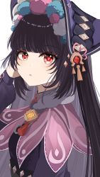 Rule 34 | 1girl, black hair, black headwear, blunt bangs, bonnet, capelet, dress, eyeshadow, from side, genshin impact, highres, hime cut, long hair, looking at viewer, makeup, nore th, parted lips, pink capelet, pom pom (clothes), purple dress, red eyes, red eyeshadow, solo, surprised, upper body, yun jin (genshin impact)