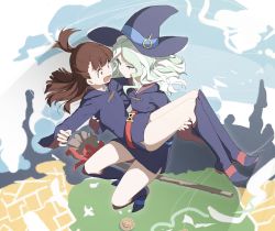 Rule 34 | 10s, 2girls, arm behind back, bad id, bad pixiv id, blue eyes, blue sky, blush, boots, broom, broom riding, brown hair, carrying, collared shirt, day, diana cavendish, dress, floating, full body, hat, highres, kagari atsuko, legs, little witch academia, long hair, long sleeves, looking at another, multiple girls, open mouth, princess carry, qiongsheng, shirt, short dress, sidelocks, sitting, sky, surprised, wavy mouth, white hair, witch hat, yuri