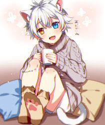 Rule 34 | 1boy, animal ears, blue eyes, cat boy, cat ears, cat tail, child, ginjiro (ginziro525), ginjiro (vtuber), indie virtual youtuber, looking at viewer, male focus, orange eyes, paw print soles, pillow, short hair, shorts, sitting, sitting on pillow, smile, socks, solo, tail, translation request, virtual youtuber