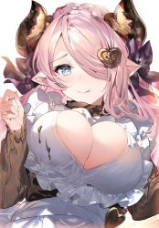 Rule 34 | 1girl, apron, black sweater, blue eyes, blush, braid, breasts, chocolate on clothes, cleavage, cleavage cutout, closed mouth, clothing cutout, crown braid, draph, fang, frills, granblue fantasy, hair ornament, hair over one eye, heart, heart-shaped pupils, heart cutout, heart hair ornament, highres, horn ornament, horn ribbon, horns, large breasts, licking lips, long hair, long sleeves, looking at viewer, meme attire, narmaya (granblue fantasy), narmaya (valentine) (granblue fantasy), open-chest sweater, pink hair, pointy ears, ribbon, simple background, smile, solo, sweater, symbol-shaped pupils, tongue, tongue out, umibouzu (niito), upper body, white apron, white background