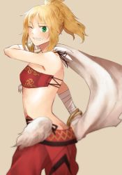 Rule 34 | 1girl, alternate costume, ass, bad id, bad pixiv id, bandages, bangle, blonde hair, bracelet, breasts, butt crack, cloak, fate/apocrypha, fate/grand order, fate (series), fur, green eyes, jewelry, midriff, mordred (fate), mordred (fate/apocrypha), mordred (true samadhi fire) (fate), navel, ponytail, smile, solo, tk sk