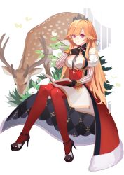 Rule 34 | 1girl, absurdres, aoiro (t aoiro123), azur lane, bare shoulders, bird, black footwear, black gloves, blonde hair, book, breasts, crown, deer, gloves, hand on own chest, high heels, highres, holding, holding book, huge filesize, knees together feet apart, large breasts, long hair, looking at viewer, purple eyes, red thighhighs, richelieu (azur lane), sitting, smile, solo, thighhighs, very long hair