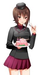 Rule 34 | 1girl, birthday, birthday cake, black hat, black jacket, brown eyes, brown hair, cake, character name, commentary, cowboy shot, dated, dress shirt, food, food tank, fork, garrison cap, girls und panzer, hat, highres, holding, holding fork, holding plate, index finger raised, insignia, jacket, kuromorimine military uniform, long sleeves, looking at viewer, military, military hat, military uniform, miniskirt, nishizumi maho, open mouth, plate, pleated skirt, red shirt, red skirt, saikawa yusa, shirt, short hair, simple background, skirt, smile, solo, standing, uniform, white background, wing collar