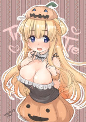 Rule 34 | 1girl, black tank top, blonde hair, blue eyes, breasts, brown background, cleavage, commentary request, cosplay, cowboy shot, detached collar, double bun, embarrassed, fletcher (kancolle), fyuo, halloween costume, highres, jack-o&#039;-lantern, kantai collection, large breasts, libeccio (kancolle), libeccio (kancolle) (cosplay), long hair, looking at viewer, one-hour drawing challenge, orange scrunchie, orange skirt, pumpkin skirt, scrunchie, skirt, solo, striped, striped background, tank top, wrist scrunchie