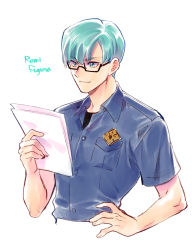 Rule 34 | 1boy, badge, bae (baebae), blue eyes, blue hair, glasses, hand on own hip, highres, holding, holding paper, male focus, paper, police, police uniform, promare, reading, remi puguna, solo, uniform, upper body