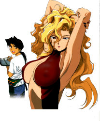 Rule 34 | 1990s (style), 1boy, 1girl, absurdres, armpits, arms behind head, arms up, bare arms, bare shoulders, black hair, blonde hair, boss, breasts, center opening, employee, facing viewer, fanny pack, golden boy, hair between eyes, highres, impossible clothes, kawamoto toshihiro, large breasts, long hair, looking at viewer, looking back, nail polish, no bra, notebook, official art, onna shachou, ooe kintarou, parted lips, pen, ponytail, red lips, retro artstyle, revealing clothes, simple background, skin tight, smile, standing, tagme, upper body, white background, writing