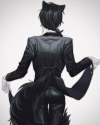 Rule 34 | 1boy, animal ears, black coat, black hair, black pants, coat, coat lift, cowboy shot, facing away, from behind, gloves, hair over shoulder, highres, holostars, jackal boy, jackal ears, jackal tail, kageyama shien, low ponytail, male focus, momiage 40, multicolored hair, official alternate costume, pants, simple background, solo, tail, tailcoat, two-tone hair, virtual youtuber, white background, white gloves, white hair