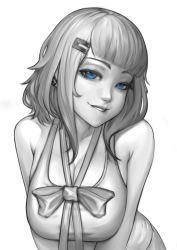Rule 34 | blue eyes, breasts, cleavage, collarbone, commentary, hair ornament, hairclip, half-closed eyes, head tilt, highres, large breasts, leaning forward, lerio (leriodraws), looking at viewer, original, parted lips, solo, spot color, symbol-only commentary, tank top, white background
