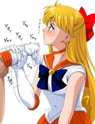 Rule 34 | 1boy, 1girl, absurdres, afterimage, aino minako, bishoujo senshi sailor moon, blonde hair, blue bow, blush, bow, breasts, choker, clothed female nude male, collarbone, commentary, commentary request, covered navel, cum in gloves, earrings, elbow gloves, gloved handjob, glovejob, gloves, hair bow, handjob, hetero, highres, jewelry, long hair, looking at another, medium breasts, motion lines, nude, orange choker, orange skirt, orgasm, out of frame, penis, penis in glove, profile, red bow, ribbon, sailor collar, sailor venus, simple background, single elbow glove, single glove, skirt, sound effects, sweat, takatsuki p, testicles, tiara, toei animation, twitching, twitching penis, unworn gloves, white background, white gloves, yellow bow