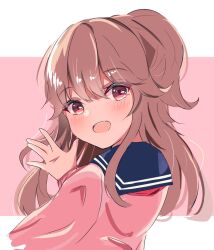 Rule 34 | 1girl, :d, \||/, blue sailor collar, blush, brown hair, cardigan, from behind, hair between eyes, hand up, hayasaka mei, highres, idoly pride, letterboxed, long hair, looking at viewer, looking back, neckerchief, open mouth, pink background, pink cardigan, raised eyebrows, red eyes, red neckerchief, sailor collar, shidonattsu, sidelocks, simple background, smile, solo, teeth, upper body, upper teeth only