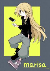 Rule 34 | 1girl, alternate costume, asameshi, black shirt, blonde hair, bow, braid, brown footwear, cellphone, character name, closed mouth, contemporary, full body, hair bow, hand in pocket, highres, kirisame marisa, long hair, long sleeves, looking at viewer, pants, phone, shirt, side braid, simple background, single braid, smartphone, solo, touhou, yellow eyes