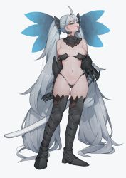 Rule 34 | 1girl, absurdly long hair, ahoge, armor, black panties, blush, breasts, cleavage, earrings, eyebrows, full body, jewelry, large breasts, long hair, looking at viewer, mole, mole under eye, navel, original, panties, rabbit (wlsdnjs950), silver hair, smile, solo, tongue, tongue out, twintails, underwear, very long hair