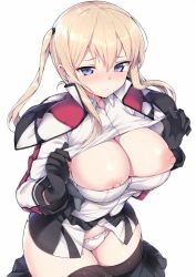 Rule 34 | 1girl, bad id, bad twitter id, black gloves, black skirt, blonde hair, blue eyes, blush, capelet, cleavage cutout, closed mouth, clothes lift, clothes pull, clothing cutout, cowboy shot, embarrassed, gloves, graf zeppelin (kancolle), haruyuki (yukichasoba), kantai collection, lifted by self, long hair, long sleeves, looking at viewer, military, military uniform, nipple slip, nipples, no bra, no headwear, nose blush, panties, shiny skin, sidelocks, simple background, skirt, skirt pull, smile, solo, standing, tearing up, tears, thighhighs, tsurime, twintails, underwear, uniform, white background, white panties