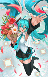 Rule 34 | 1girl, absurdres, ahoge, arm up, armpits, blue eyes, blue hair, boots, bouquet, breasts, collared shirt, commentary, detached sleeves, floating hair, flower, hair ornament, hatsune miku, highres, holding, holding bouquet, holding flower, jumping, long hair, long sleeves, looking at viewer, medium breasts, nail polish, necktie, open mouth, outstretched arm, petals, pleated skirt, reaching, reaching towards viewer, rose, shirt, sideboob, skirt, sleeveless, sleeveless shirt, smile, solo, teo (telo ruka), thigh boots, tie clip, twintails, very long hair, vocaloid