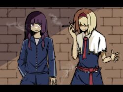 2girls alice_margatroid alternate_costume blonde_hair blue_hairband blue_jacket blue_pants blunt_bangs capelet cigarette collared_capelet commentary_request cookie_(touhou) cowboy_shot grin hair_over_eyes hairband holding holding_cigarette jacket jigen_(cookie) letterboxed long_bangs long_hair long_sleeves looking_at_another looking_to_the_side multiple_girls namaniku_senpai necktie pants patchouli_knowledge purple_eyes purple_hair red_hairband red_necktie short_hair smile smoke smoking taisa_(cookie) touhou track_jacket track_pants track_suit white_capelet zipper