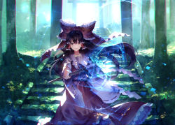 Rule 34 | 1girl, ascot, backlighting, black hair, bow, cowboy shot, dappled sunlight, day, detached sleeves, forest, frilled skirt, frills, gohei, hair between eyes, hair bow, hair tubes, hakurei reimu, highres, long hair, long sleeves, looking at viewer, nature, nontraditional miko, parted lips, red bow, red eyes, red shirt, red skirt, ribbon-trimmed sleeves, ribbon trim, shirt, skirt, skirt set, sleeveless, sleeveless shirt, smile, solo, stairs, sunakumo, sunlight, torii, touhou, very long hair, wide sleeves