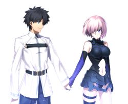 Rule 34 | 1boy, 1girl, arm at side, armor, armored dress, asymmetrical legwear, bare legs, black dress, black hair, black thighhighs, blue eyes, blue pants, blush, breasts, breasts apart, chietori, closed mouth, clothing cutout, couple, dress, elbow gloves, eyes visible through hair, fate/grand order, fate (series), fujimaru ritsuka (male), gloves, hair over one eye, hetero, holding hands, jacket, large breasts, legband, light purple hair, long sleeves, looking at another, looking at viewer, mash kyrielight, midriff, navel, navel cutout, neck, official style, pants, purple eyes, purple gloves, short hair, side-by-side, simple background, single thighhigh, sleeveless, sleeveless dress, smile, standing, stomach, thighhighs, type-moon, uneven legwear, uniform, white background, white jacket