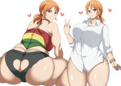 Rule 34 | 1girl, ass, ass cutout, back, bare shoulders, bottomless, bracelet, breasts, butt crack, clothing cutout, curvy, denim, denim shorts, heart, heart cutout, highres, huge ass, huge breasts, jewelry, long sleeves, looking at viewer, nami (one piece), one piece, one piece: strong world, orange eyes, orange hair, oryutoo, shirt, short hair, short shorts, shorts, smile, solo, thick thighs, thighs, v, white background, white shirt, wide hips