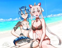 Rule 34 | blue eyes, blue hair, blue sky, breasts, cleavage, cloud, day, horns, io (pso2), long hair, looking to the side, multiple girls, navel, norman (shiohama workshop), open mouth, orange eyes, phantasy star, phantasy star online 2, short hair, sky, swimsuit