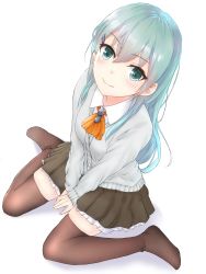 Rule 34 | 10s, 1girl, adapted costume, aqua eyes, aqua hair, ascot, bad id, bad pixiv id, between legs, brown thighhighs, buttons, cardigan, from above, galette0141, hair between eyes, hair ornament, hairclip, hand between legs, highres, kantai collection, long hair, long sleeves, looking at viewer, looking up, no jacket, pleated skirt, school uniform, simple background, sitting, skirt, smile, solo, suzuya (kancolle), thighhighs, v arms, wariza, white background