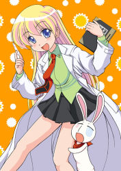 Rule 34 | 00s, 1girl, :d, animal, blonde hair, blue eyes, breasts, child, crying, index finger raised, lab coat, long hair, looking at viewer, mesousa, necktie, open mouth, pani poni dash!, pleated skirt, rabbit, rebecca miyamoto, red necktie, skirt, smile, solo, standing, streaming tears, tears, yumeori amu