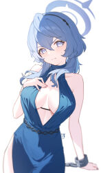 Rule 34 | 1girl, absurdres, ako (blue archive), ako (dress) (blue archive), black hairband, blue archive, blue dress, blue eyes, blue hair, blue halo, blush, breasts, chiyo akira, closed mouth, collarbone, cuffs, dated, dress, hair between eyes, hairband, halo, handcuffs, highres, large breasts, long hair, looking at viewer, official alternate costume, sideboob, signature, simple background, sleeveless, sleeveless dress, solo, white background