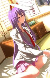 Rule 34 | absurdres, animal ears, blush, collared shirt, colored eyelashes, desk, desk lamp, drawing (object), highres, lamp, long hair, miniskirt, necktie, open mouth, picture frame, pink skirt, purple hair, rabbit ears, red eyes, red tie, reisen udongein inaba, seiza, shirt, simotukiaoi1119, sitting, skirt, solo, tatami, touhou, undone necktie, white shirt, window