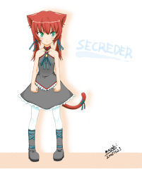 Rule 34 | 1girl, :3, animal ears, blush, boots, bow, cat ears, dress, flat chest, green eyes, halterneck, long hair, masaki, pantyhose, red hair, ribbon, secreder, simple background, solo, twintails