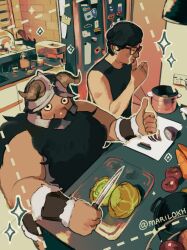 Rule 34 | 2boys, beard, black hair, cabbage, character request, crying, cutting board, dungeon meshi, dwarf, facial hair, fake horns, fat, fat man, glasses, happy tears, helmet, highres, holding, holding knife, horned helmet, horns, inset border, knife, lokh, long beard, male focus, multiple boys, mustache, senshi (dungeon meshi), sparkle, sparkle background, streaming tears, tears, thick arms, thick mustache, thumbs up, very long beard