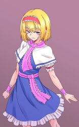Rule 34 | 1girl, alice margatroid, blonde hair, blue dress, blue eyes, brown background, capelet, closed mouth, commentary, dress, frilled hairband, frills, hairband, highres, kakone, looking at viewer, red hairband, short hair, short sleeves, simple background, solo, touhou, white capelet