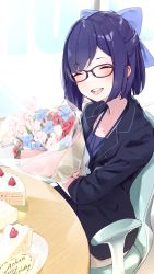 Rule 34 | 1girl, a-chan (2nd costume) (hololive), a-chan (hololive), birthday cake, black-framed eyewear, black jacket, blazer, blue bow, blue hair, blue shirt, blush, bouquet, bow, brown pants, cake, chair, closed eyes, collarbone, commentary, cowboy shot, day, facing viewer, flat chest, flower, food, formal, glasses, hair bow, happy birthday, highres, holding, holding bouquet, hololive, indoors, jacket, lanyard, open mouth, pants, parted bangs, shirt, short hair, sitting, smile, solo, sunlight, table, virtual youtuber, window, yuyaiyaui