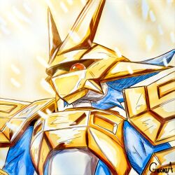Rule 34 | armor, artist name, blue skin, colored skin, covered face, digimon, digimon (creature), dragon, from below, gloria (ggggggsan1), glowing, gold armor, light particles, looking down, magnamon, red eyes, upper body, white background
