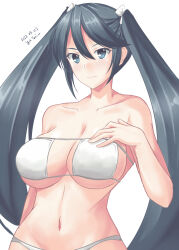 Rule 34 | 1girl, alternate costume, artist name, bare shoulders, bikini, black hair, blue eyes, blush, breasts, cleavage, closed mouth, collarbone, commentary request, dated, eyepatch bikini, hair between eyes, hand on own chest, highres, isuzu (kancolle), kantai collection, large breasts, long hair, looking at viewer, navel, simple background, solo, swimsuit, taira yuuki, upper body, very long hair, white background, white bikini