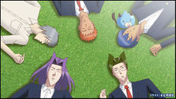 Rule 34 | 10s, 5boys, artist request, blazer, blue hair, crossover, dogoo, closed eyes, from above, gakuen handsome, glasses, grass, green hair, grey hair, jacket, licking, lying, male focus, multiple boys, necktie, neptune (series), orange hair, parted lips, purple hair, saliva, school uniform, sleeping, tongue, tongue out, translation request