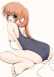 Rule 34 | 00s, 1girl, ass, barefoot, blue eyes, blush, breasts, breasts out, brown hair, drooling, egg vibrator, feet, frapowa, long hair, looking at viewer, looking back, lyrical nanoha, mahou shoujo lyrical nanoha, mahou shoujo lyrical nanoha strikers, moaning, one-piece swimsuit, open mouth, saliva, sex toy, side ponytail, sideboob, simple background, sitting, sketch, soles, solo, sweat, swimsuit, takamachi nanoha, tears, toes, trembling, vibrator, wariza, white background, wince