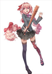 Rule 34 | 1girl, :o, astolfo (fate), asymmetrical legwear, bad id, bad pixiv id, baseball bat, black footwear, blue thighhighs, blush, bow, breasts, fang, fate/apocrypha, fate (series), full body, genderswap, genderswap (mtf), hair between eyes, hair bow, highres, long hair, long sleeves, looking at viewer, mary janes, medium breasts, mismatched legwear, multicolored hair, open mouth, outstretched arm, pink bow, pink hair, pink neckwear, pleated skirt, print skirt, rabbit (tukenitian), red bow, red thighhighs, school uniform, shoes, simple background, skirt, solo, spread fingers, star (symbol), star print, streaked hair, striped clothes, striped thighhighs, tareme, thighhighs, vertical-striped clothes, vertical-striped thighhighs, very long hair, white background, white hair, zettai ryouiki