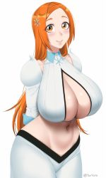 Rule 34 | bleach, bleach: sennen kessen-hen, blush, breasts, brown eyes, cleavage, cleavage cutout, clothing cutout, detached sleeves, hair ornament, highres, huge breasts, impossible clothes, inoue orihime, lips, long hair, long skirt, looking at viewer, midriff, navel, orange hair, skirt, smile, solo, thighs, twrlare