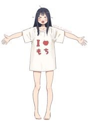 Rule 34 | &gt; &lt;, 10s, 1girl, 2017, :d, artist name, barefoot, black hair, blush stickers, clothes writing, closed eyes, full body, kitashirakawa tamako, long hair, momose (oqo), open mouth, outstretched arms, oversized clothes, shirt, simple background, smile, solo, standing, t-shirt, tamako market, white background, white shirt