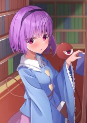 Rule 34 | 1girl, :o, absurdres, arm at side, blue shirt, blurry, blurry background, blush, bob cut, book, bookshelf, bright pupils, buttons, commentary, cowboy shot, frilled shirt collar, frilled sleeves, frills, from side, hand up, heart button, highres, holding, holding book, indoors, kirisame oreo, komeiji satori, library, long sleeves, looking at viewer, nail polish, open mouth, pink eyes, pink nails, purple hair, shirt, short hair, solo, third eye, touhou, tsurime, wide sleeves