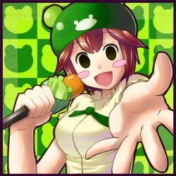 Rule 34 | 00s, 1girl, artist request, blush stickers, breasts, brown hair, green background, hat, holding, holding microphone, looking at viewer, medium breasts, mega man (series), mega man battle network, microphone, open mouth, ribitta (mega man), short hair, smile