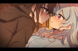 2girls bang_dream! black_hair black_hoodie blue_eyes blue_hair blue_shirt blush breasts closed_mouth collarbone eye_contact face-to-face hood hood_down hoodie jacket letterboxed light_blue_hair looking_at_another matsubara_kanon medium_breasts multiple_girls nose_blush okusawa_misaki open_clothes open_jacket open_mouth opi purple_eyes shirt tears upper_body white_jacket yuri