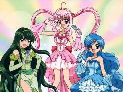 Rule 34 | 00s, 3girls, ahoge, alternate eye color, alternate hair color, blue eyes, blue hair, crown, earrings, elbow gloves, gloves, green eyes, green hair, hair ornament, hairband, hat, houshou hanon, jewelry, long hair, mermaid melody pichi pichi pitch, multiple girls, nanami lucia, necklace, pink eyes, pink hair, star (symbol), star hair ornament, third-party edit, tiara, touin rina, twintails