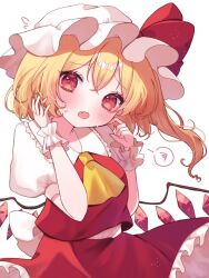 Rule 34 | 1girl, ascot, blonde hair, cowboy shot, crystal wings, flandre scarlet, hand up, hat, hat ribbon, open mouth, red eyes, red ribbon, red skirt, ribbon, side ponytail, simple background, siomi 403, skirt, solo, touhou, white background, white mob cap, yellow ascot