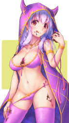 Rule 34 | 1girl, armlet, bare shoulders, bikini, bikini pull, blush, bracelet, breasts, candy, chocolate, chocolate heart, chocolate heaven (fate/grand order), cleavage, cloak, closed mouth, clothes pull, collarbone, earrings, fate/grand order, fate (series), food, food on body, food on breasts, hair between eyes, hair ribbon, heart, hood, hood up, hooded cloak, horned hood, horns, jewelry, kama (chocolate heaven) (fate), kama (fate), large breasts, licking lips, long hair, looking at viewer, navel, necklace, pink bikini, pink ribbon, pink thighhighs, rg (rglee), ribbon, ring, silver hair, smile, solo, swimsuit, thighhighs, thighs, tongue, tongue out, two-tone background, white background, yellow background