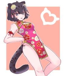 Rule 34 | 1girl, animal ears, armband, bare arms, bare shoulders, black hair, black jaguar (kemono friends), blue eyes, china dress, chinese clothes, commentary request, cowboy shot, dress, extra ears, floral print, frills, hair ornament, high collar, jaguar ears, jaguar girl, jaguar print, jaguar tail, kemono friends, kemono friends 3, official alternate costume, short hair, skirt, sleeveless, solo, tail, tmtkn1
