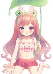 Rule 34 | 1girl, :o, animal ears, arm support, bare arms, bare shoulders, barefoot, bikini, blush, chitosezaka suzu, collarbone, commentary request, green hairband, hairband, leaf umbrella, long hair, navel, open mouth, original, plaid, plaid bikini, rabbit ears, red eyes, red hair, simple background, sitting, solo, swimsuit, very long hair, wariza, water drop, white background