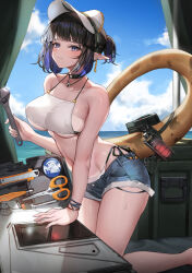 Rule 34 | 1girl, absurdres, adjustable wrench, arknights, arm support, bare arms, bare shoulders, beach, bikini, bikini tan, bikini under clothes, black choker, black hair, blue eyes, blue shorts, blue sky, blunt bangs, blush, boxcutter, breasts, choker, cloud, colored inner hair, commentary, crop top, cutoffs, day, denim, denim shorts, earrings, eunectes (arknights), hand up, hat, highres, holding, holding wrench, infection monitor (arknights), jewelry, kneeling, looking at viewer, lowleg, lowleg shorts, medium breasts, medium hair, midriff, molyb, multicolored hair, navel, necklace, pointy ears, ponytail, revision, scissors, shirt, short hair, short ponytail, short shorts, shorts, side-tie bikini bottom, sidelocks, sky, sleeveless, sleeveless shirt, snake tail, solo, spaghetti strap, stomach, string bikini, sweat, swimsuit, tail, tail strap, tan, tanline, thighs, underboob, visor cap, wet, white bikini, white hat, wrench