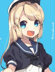Rule 34 | 1girl, blonde hair, blue background, blue eyes, blue sailor collar, dress, hat, jervis (kancolle), kantai collection, kurasaki cosmos, looking at viewer, sailor collar, sailor dress, sailor hat, simple background, smile, solo, twitter username, upper body, white dress, white hat